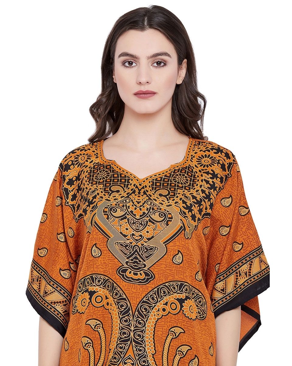 Rust Orange Paisley Short Tunic Kimono Dress For Plus Size Women