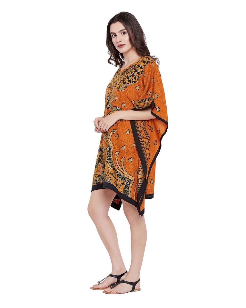 Rust Orange Paisley Short Tunic Kimono Dress For Plus Size Women