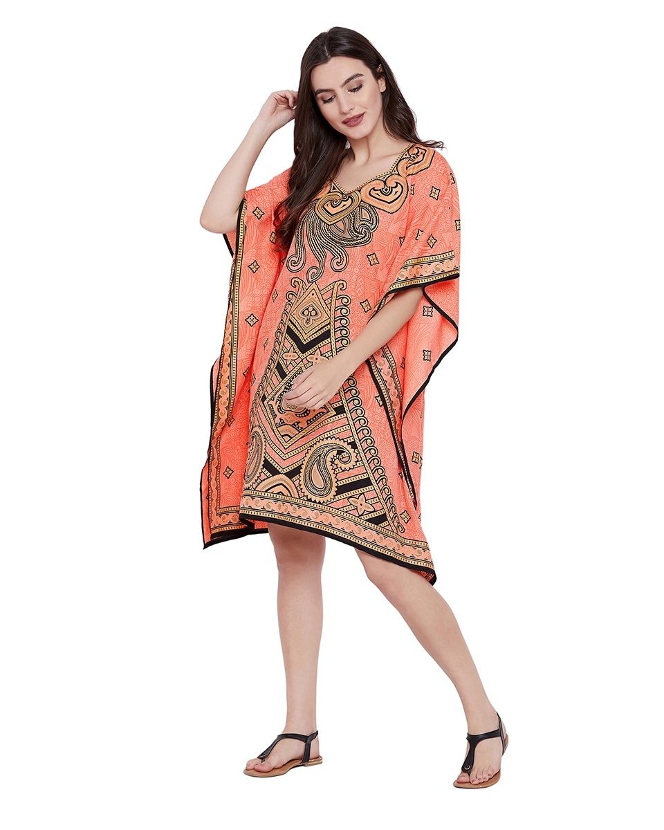 Peach Paisley Designer Tunic Plus Size Dress For Women Kimono