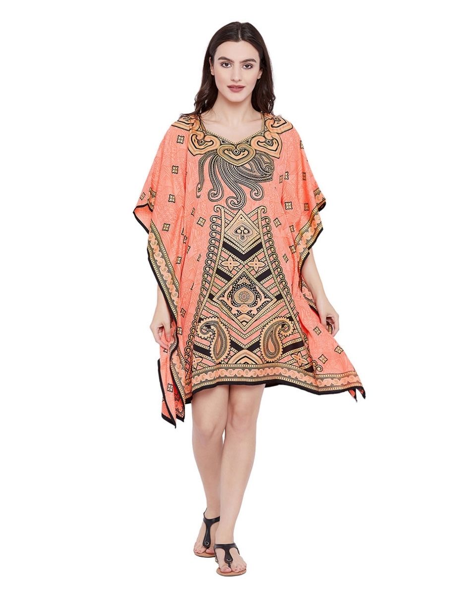 Peach Paisley Designer Tunic Plus Size Dress For Women Kimono