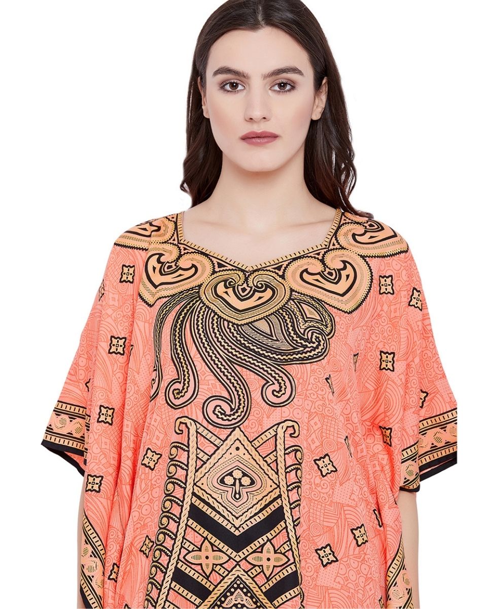 Peach Paisley Designer Tunic Plus Size Dress For Women Kimono