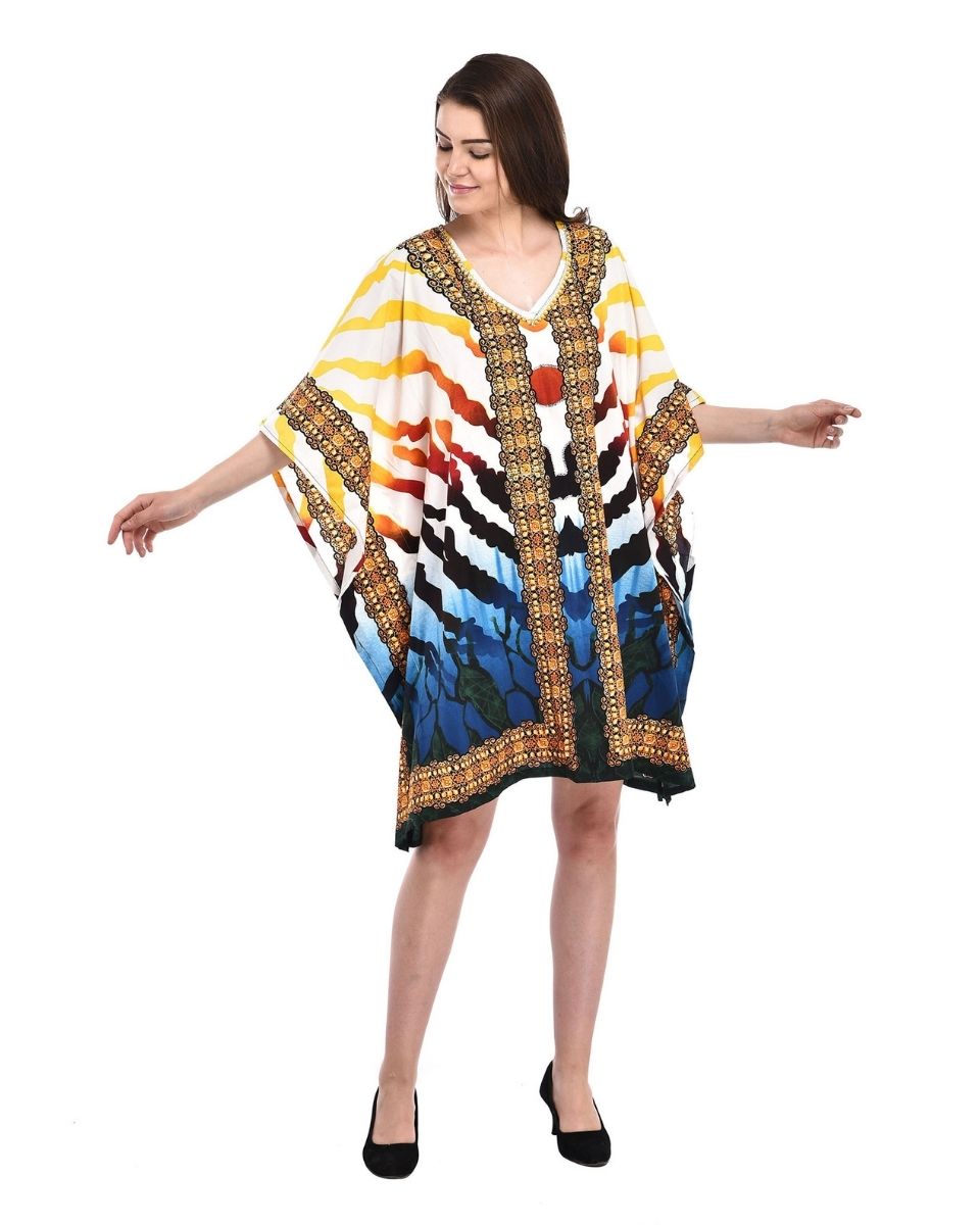 Yellow Strip Print Tunic Beach Wear Short Kaftan Tunic Top Casual Women's Dress