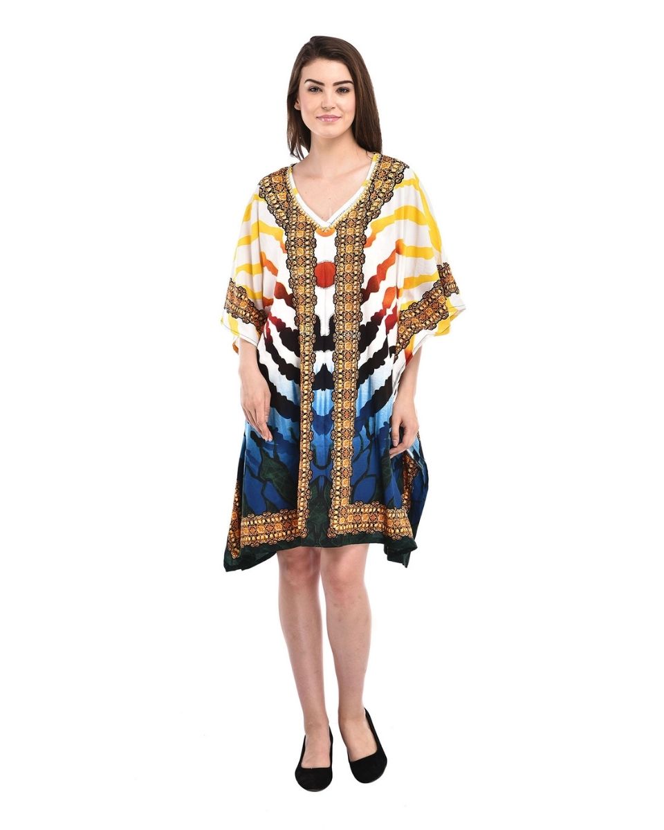 Yellow Strip Print Tunic Beach Wear Short Kaftan Tunic Top Casual Women's Dress