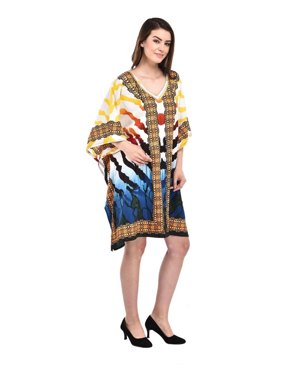 Yellow Strip Print Tunic Beach Wear Short Kaftan Tunic Top Casual Women's Dress