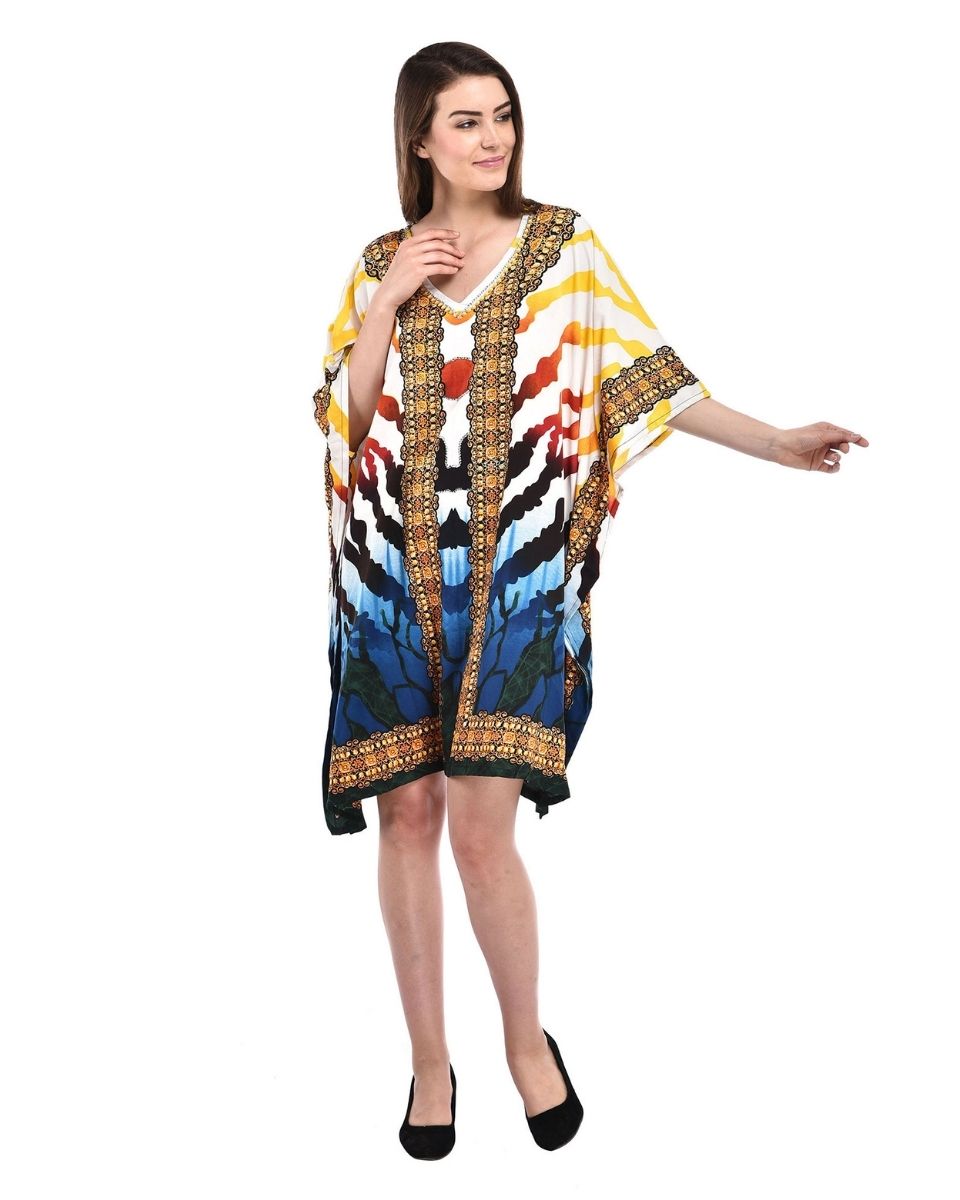 Yellow Strip Print Tunic Beach Wear Short Kaftan Tunic Top Casual Women's Dress