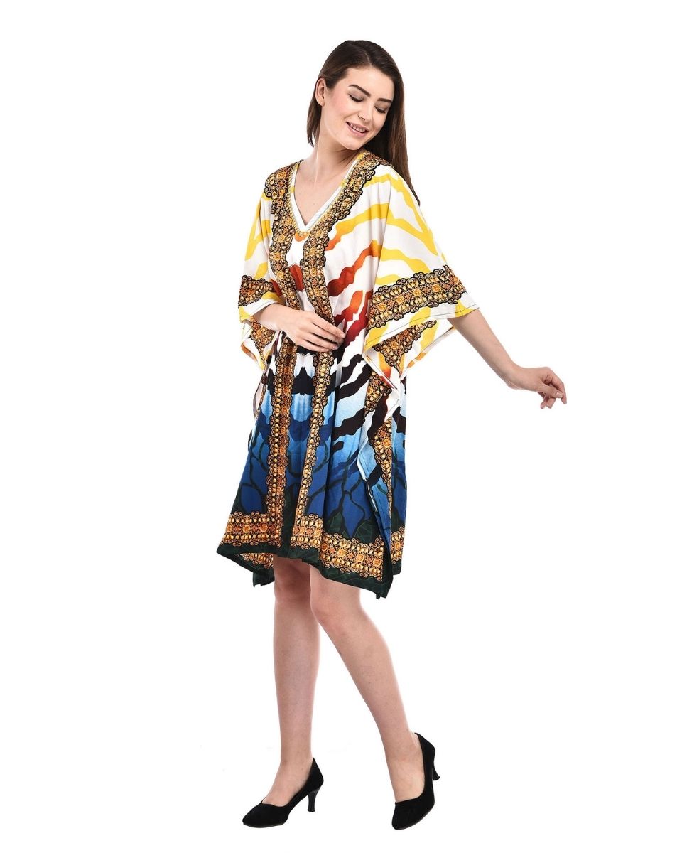 Yellow Strip Print Tunic Beach Wear Short Kaftan Tunic Top Casual Women's Dress