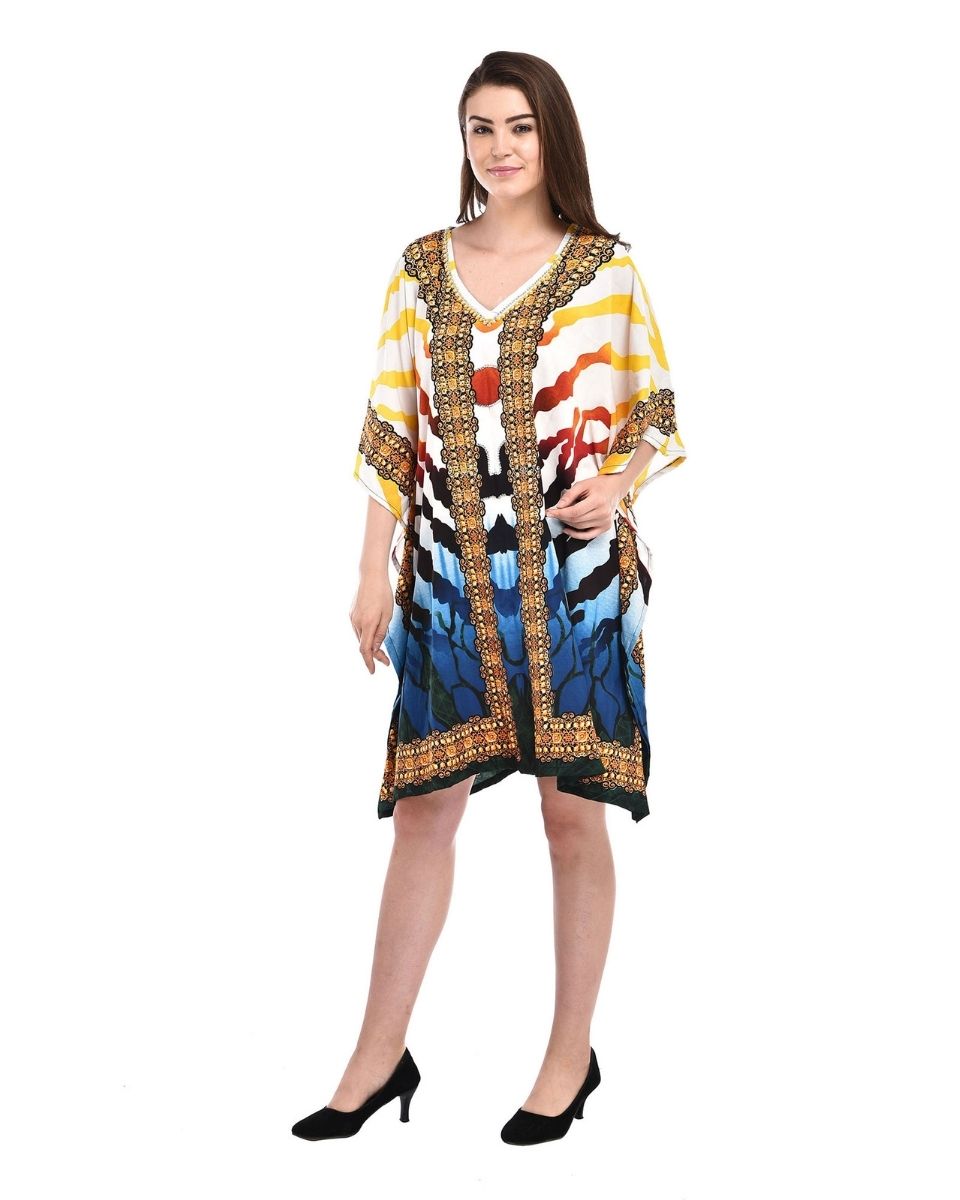 Yellow Strip Print Tunic Beach Wear Short Kaftan Tunic Top Casual Women's Dress