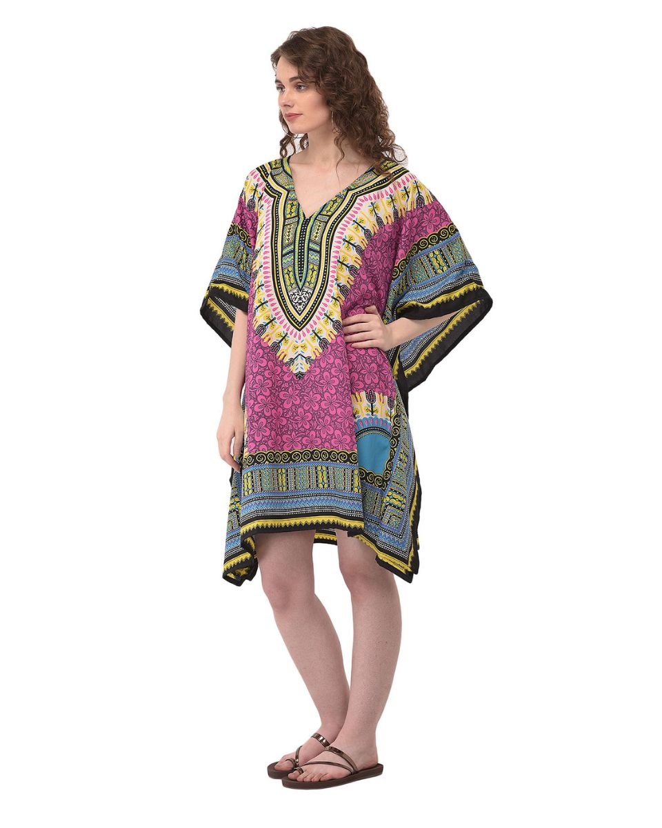 Dashiki Pattern Pink Polyester Plus Size Tunic For Women