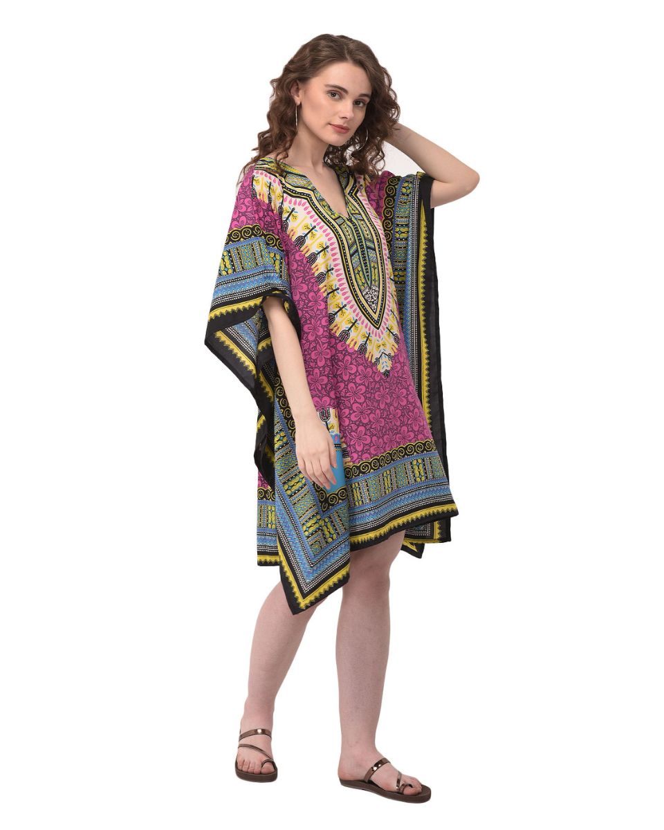 Dashiki Pattern Pink Polyester Plus Size Tunic For Women