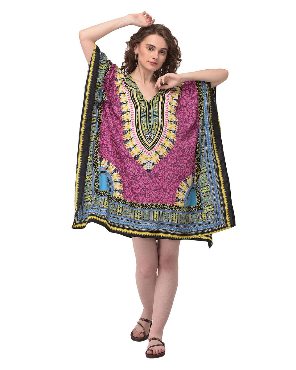 Dashiki Pattern Pink Polyester Plus Size Tunic For Women