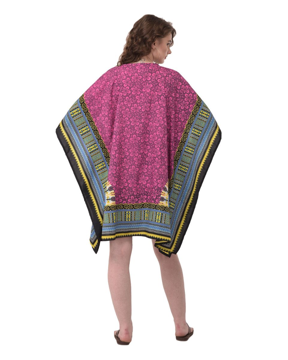 Dashiki Pattern Pink Polyester Plus Size Tunic For Women