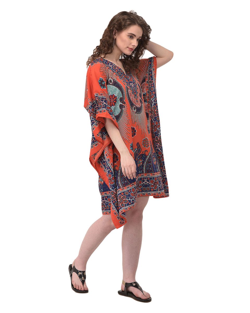 Paisley Printed Orange Plus Size Tunic Dress For Women