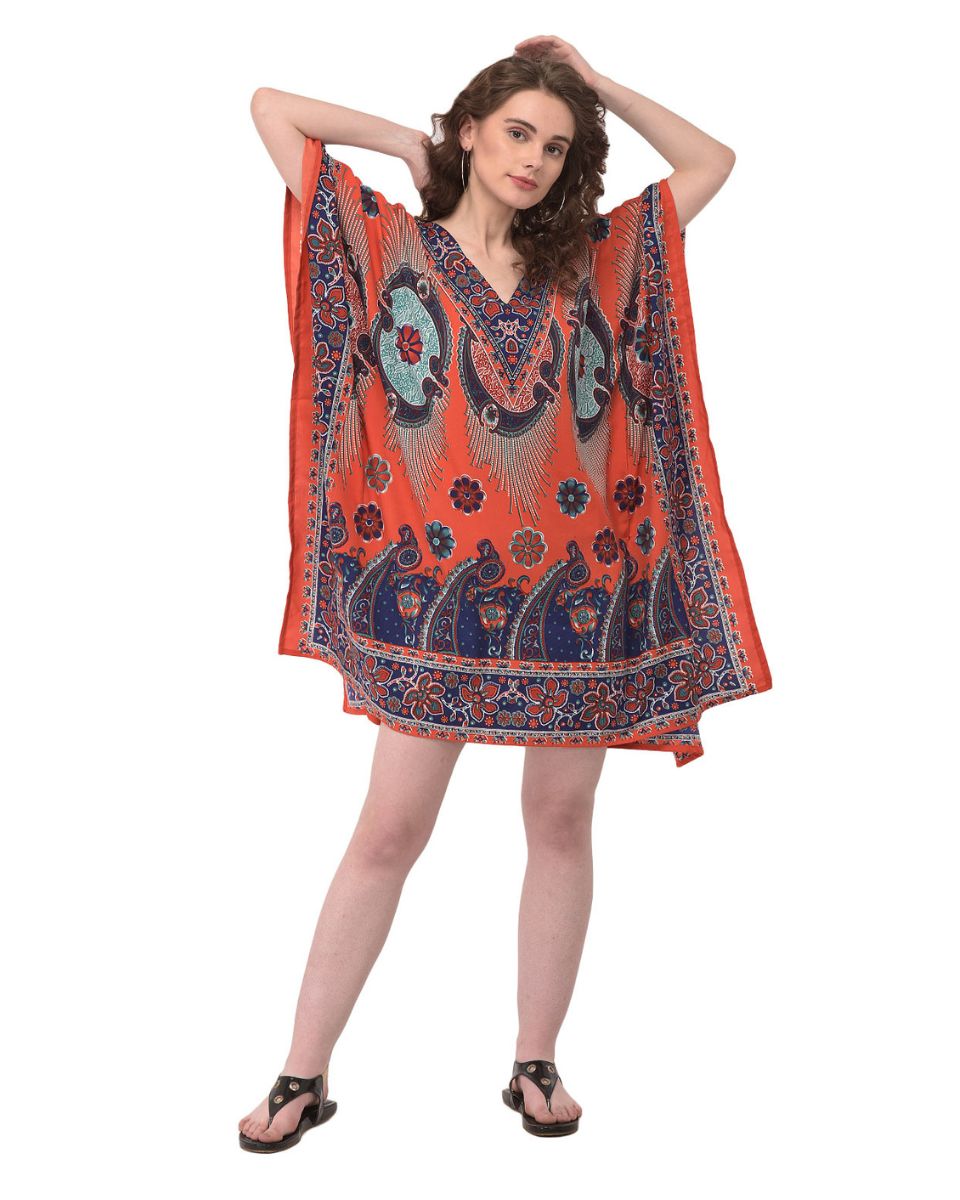 Paisley Printed Orange Plus Size Tunic Dress For Women