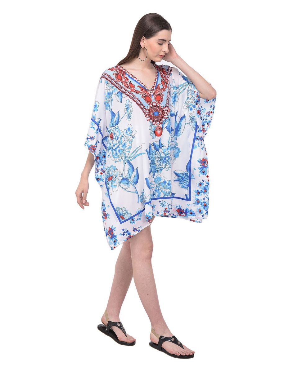 White Blue Floral Printed Plus Size Tunic Top For Women