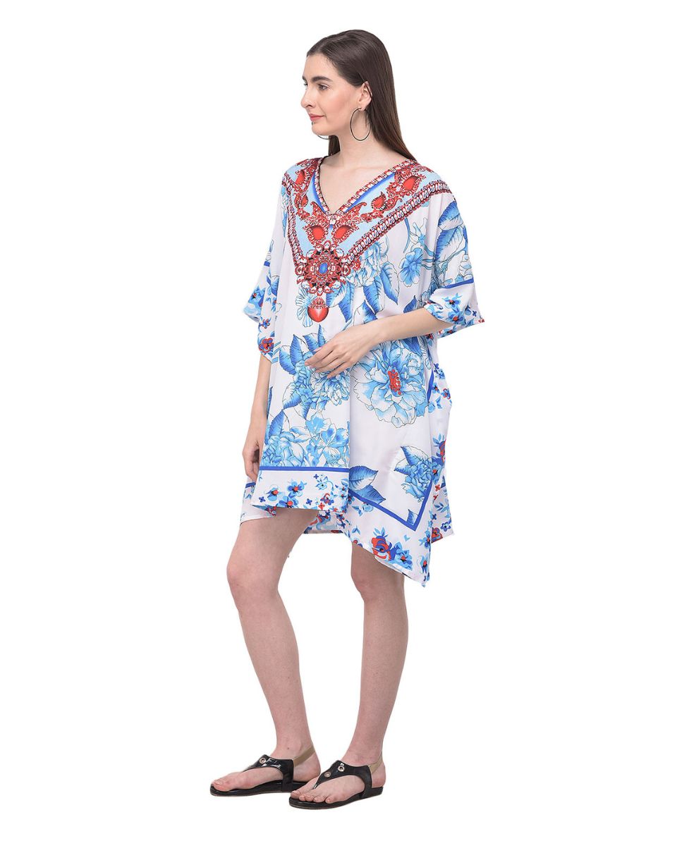 White Blue Floral Printed Plus Size Tunic Top For Women