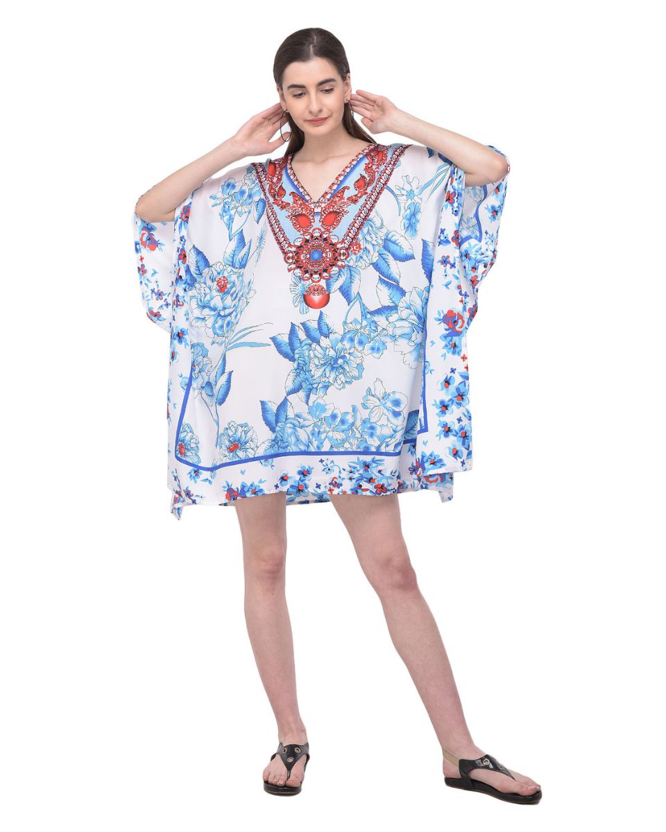 White Blue Floral Printed Plus Size Tunic Top For Women