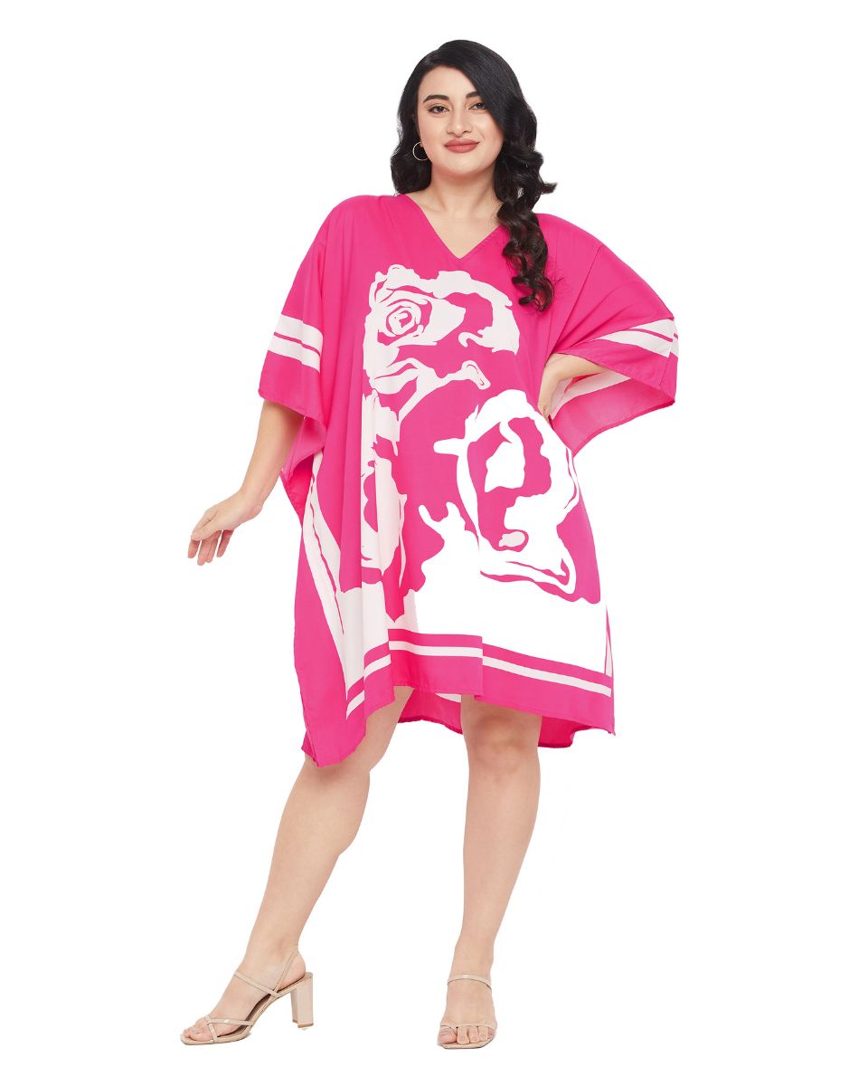 Floral Printed Pink Polyester Plus Size Tunic Top For Women