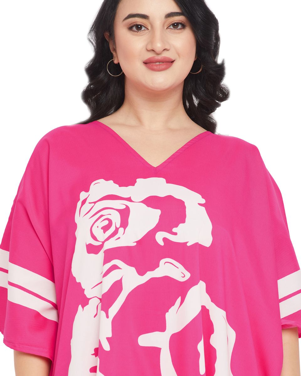 Floral Printed Pink Polyester Plus Size Tunic Top For Women