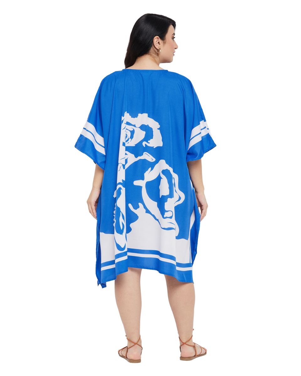 Blue & White Floral Kimono Dress Plus Size Polyester Tunic for Women-Blue