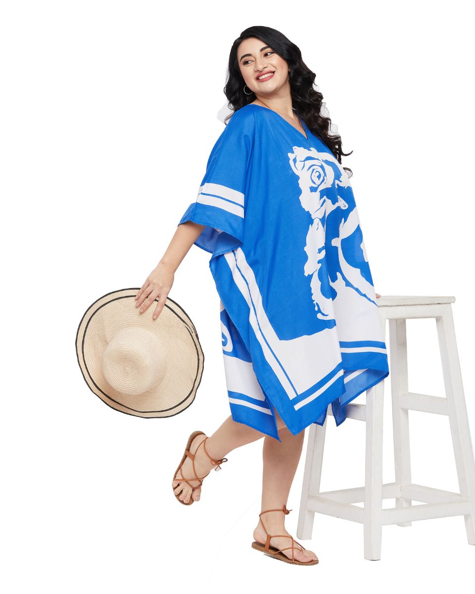 Blue & White Floral Kimono Dress Plus Size Polyester Tunic for Women-Blue