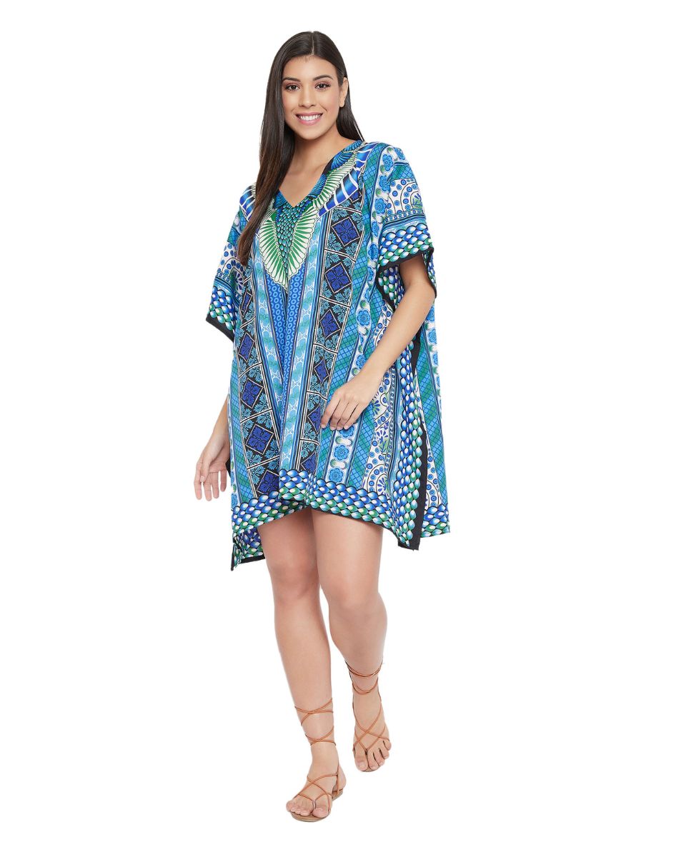 Turquoise Floral Pattern Polyester Tunic For Plus Size Women