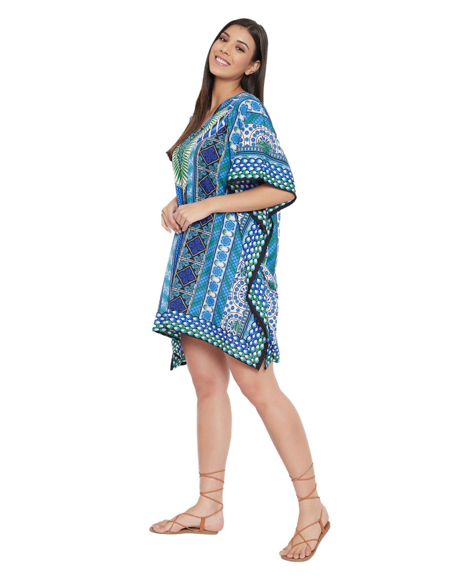 Turquoise Floral Pattern Polyester Tunic For Plus Size Women