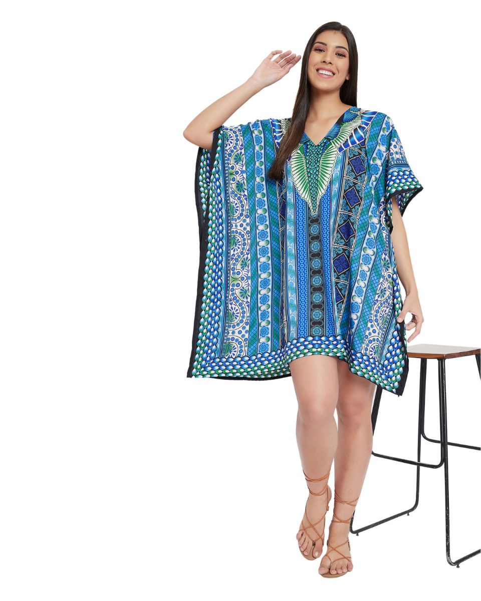 Turquoise Floral Pattern Polyester Tunic For Plus Size Women