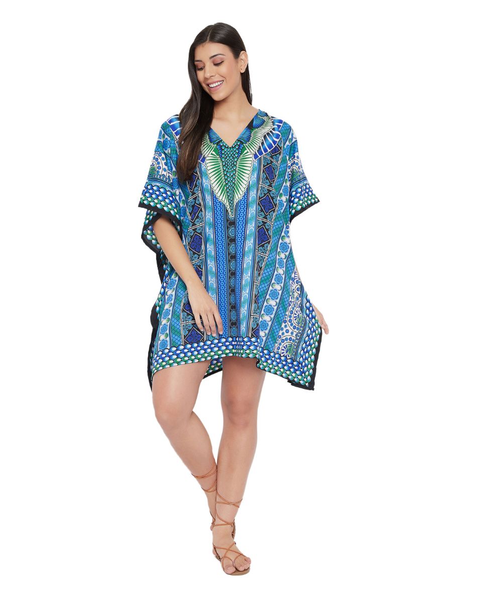 Turquoise Floral Pattern Polyester Tunic For Plus Size Women