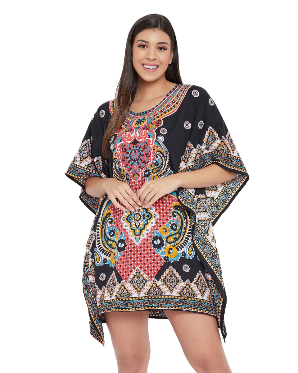 Floral Black Patten Polyester Kimono Tunic For Plus Size Women