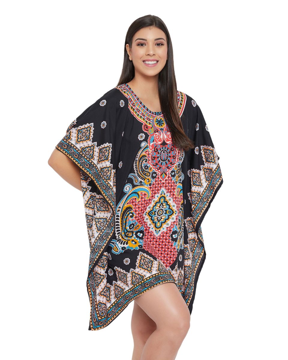 Floral Black Patten Polyester Kimono Tunic For Plus Size Women