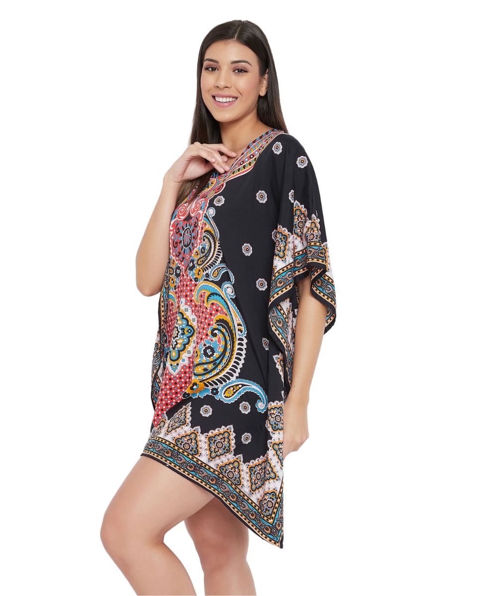 Floral Black Patten Polyester Kimono Tunic For Plus Size Women