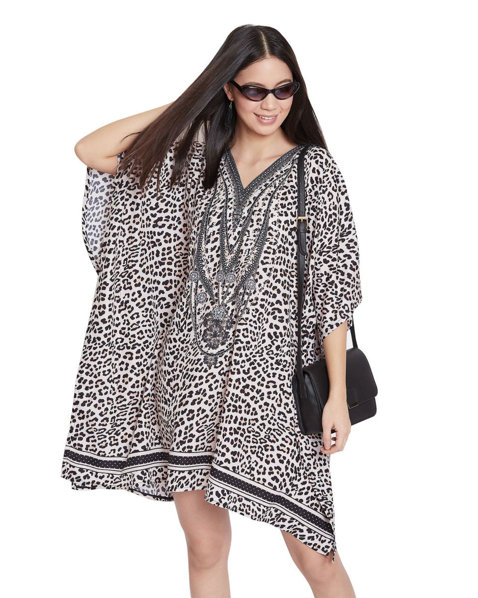 Multicolor Polyester Leopard Plus Size Tunic Dress For Women