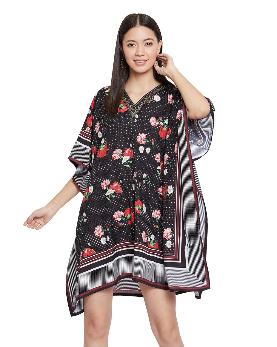 Ladies Black Floral Pattern Kimono Sleeve Tunic For Plus Size Women