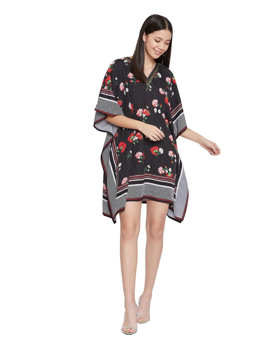 Ladies Black Floral Pattern Kimono Sleeve Tunic For Plus Size Women