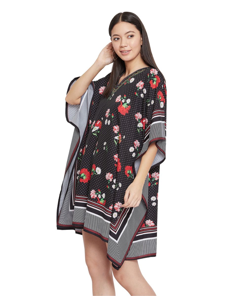 Ladies Black Floral Pattern Kimono Sleeve Tunic For Plus Size Women