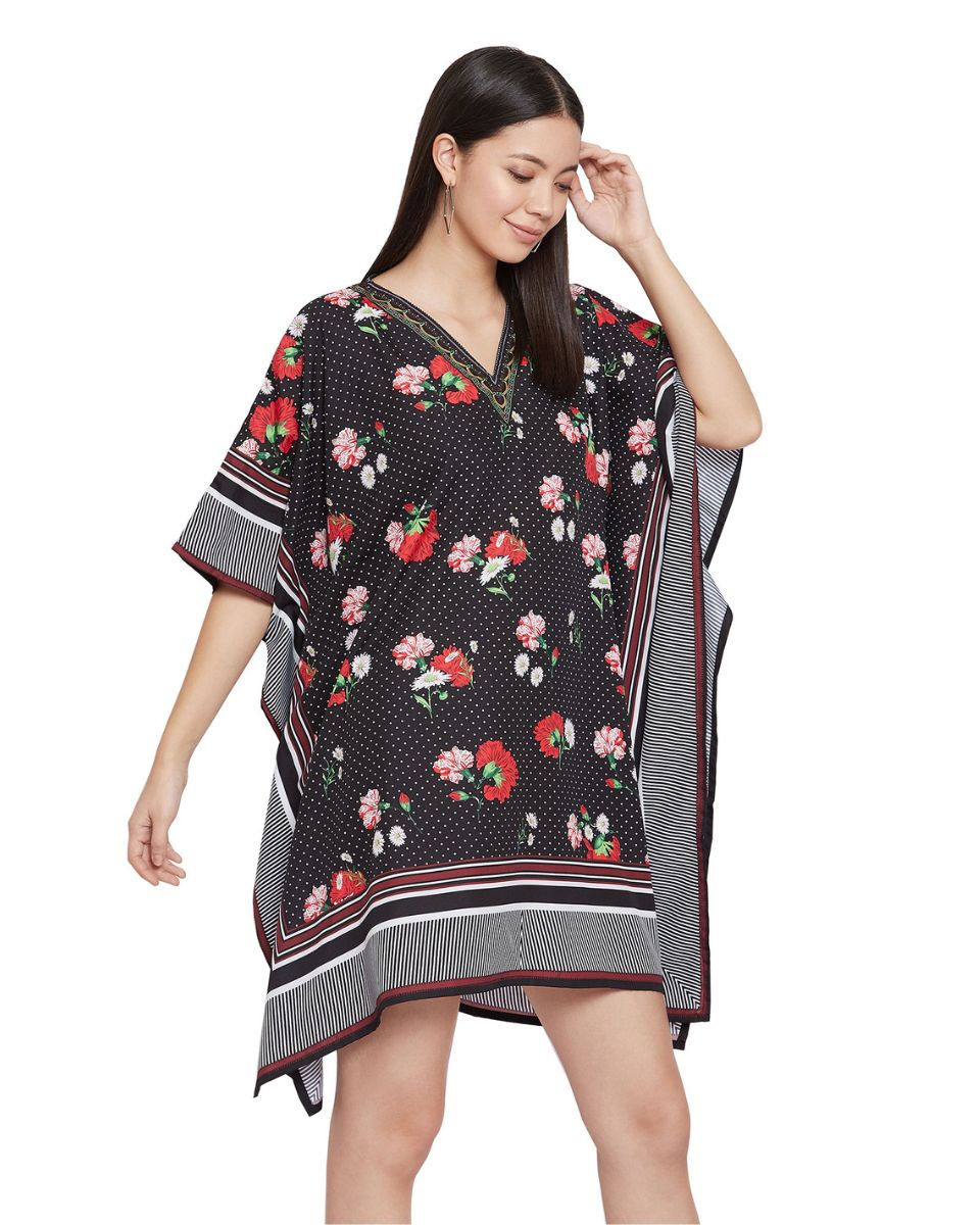 Ladies Black Floral Pattern Kimono Sleeve Tunic For Plus Size Women