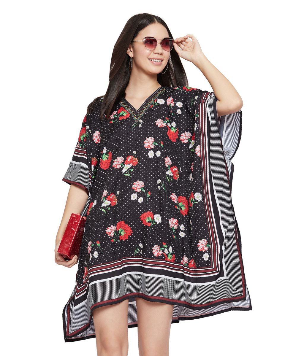 Ladies Black Floral Pattern Kimono Sleeve Tunic For Plus Size Women