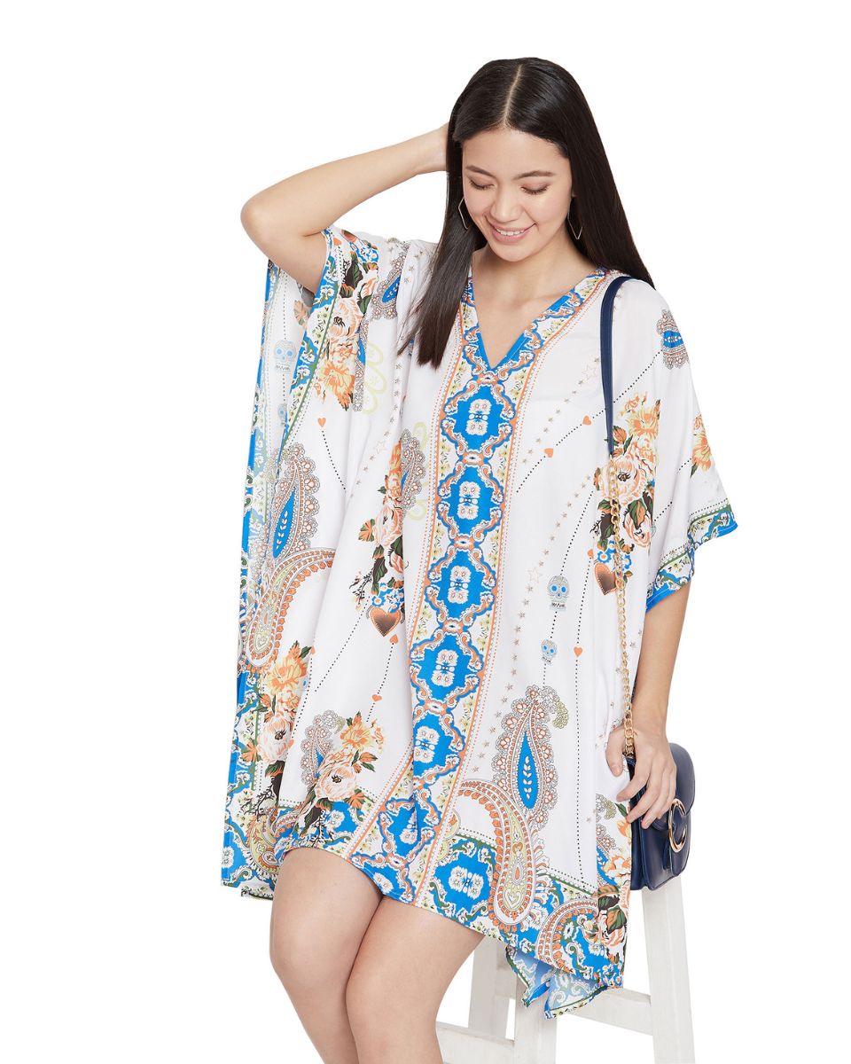 White Floral Print Plus Size Polyester Tunic For Women