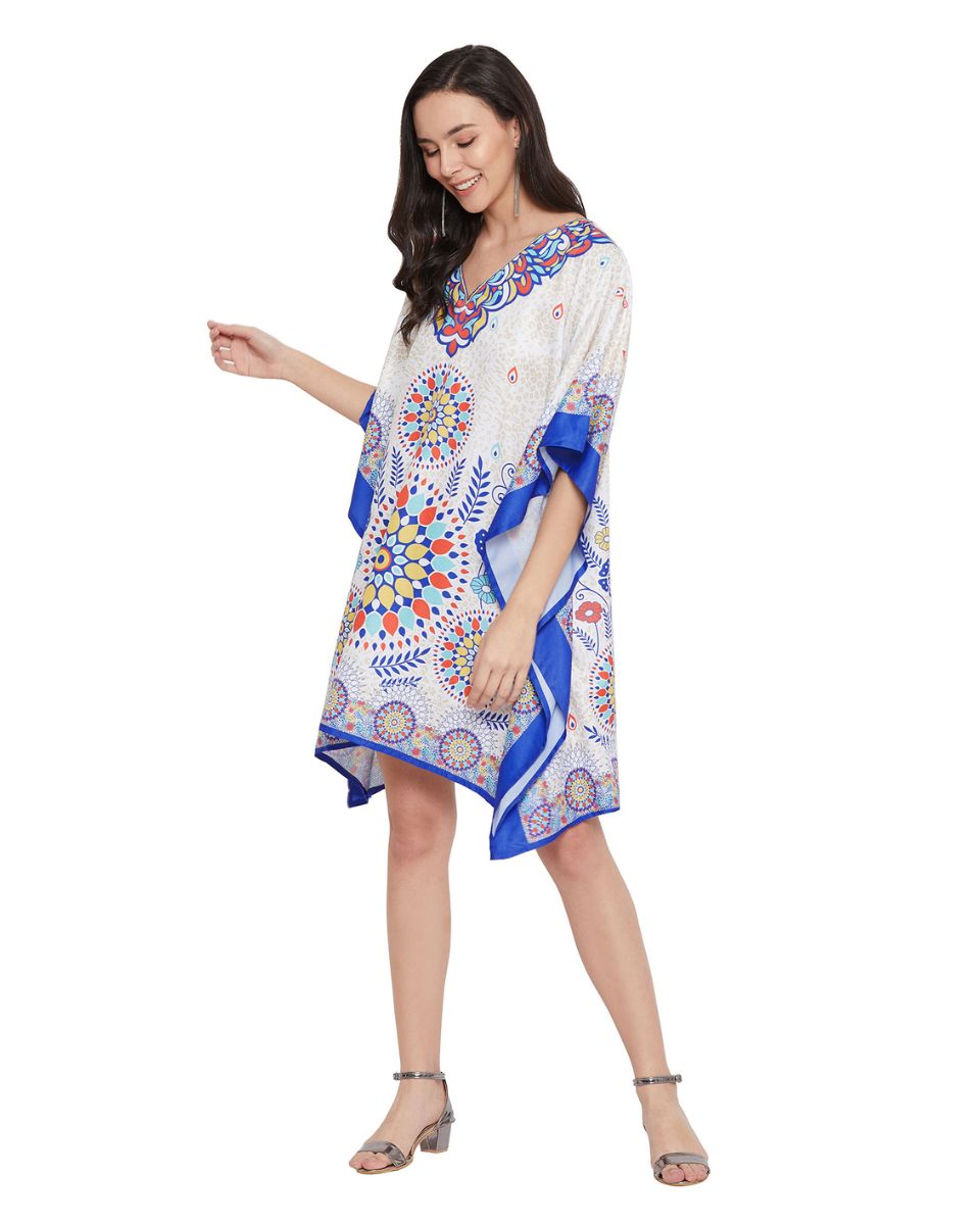 Mandala Print Blue And White Plus Size Polyester Tunic For Women