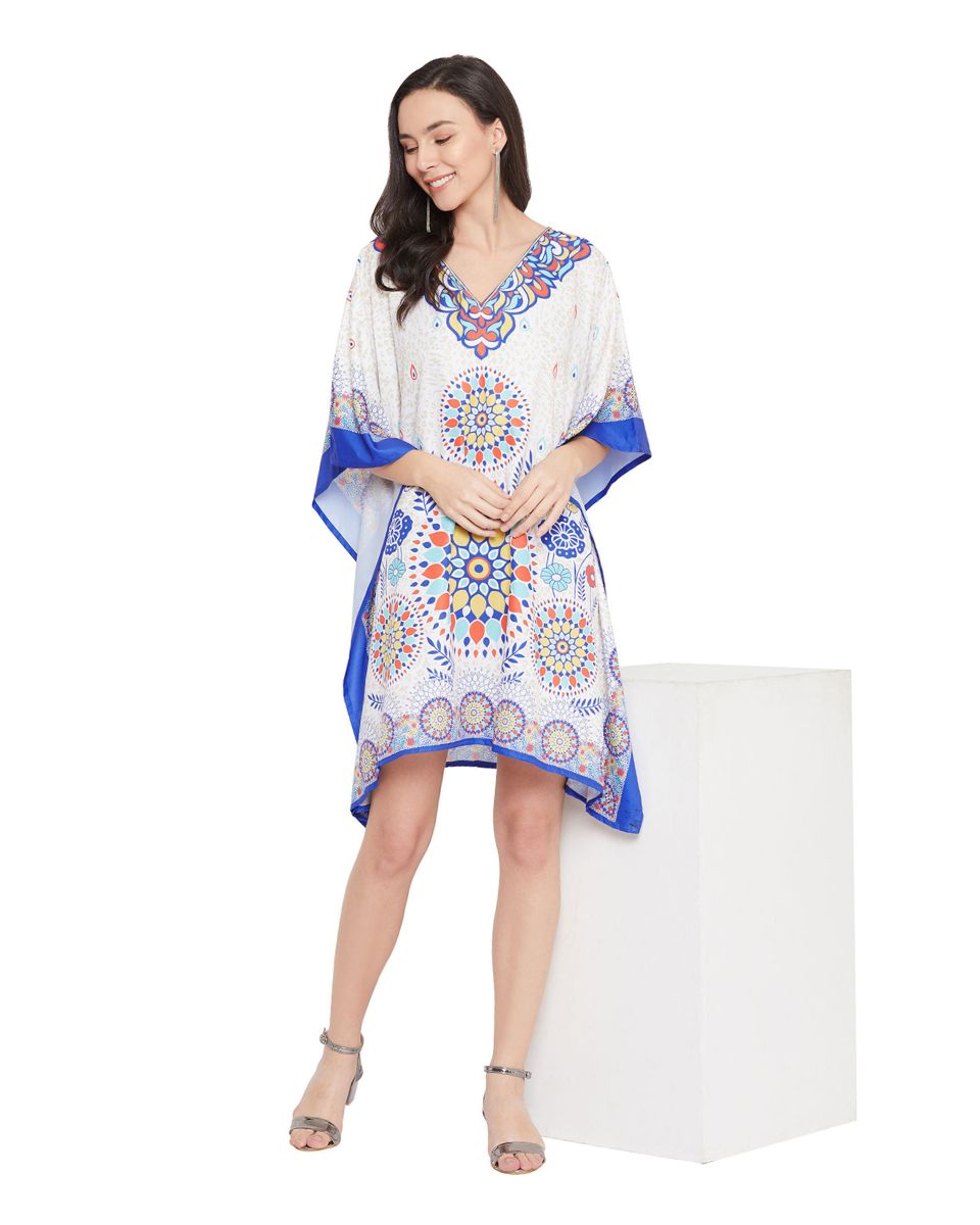 Mandala Print Blue And White Plus Size Polyester Tunic For Women