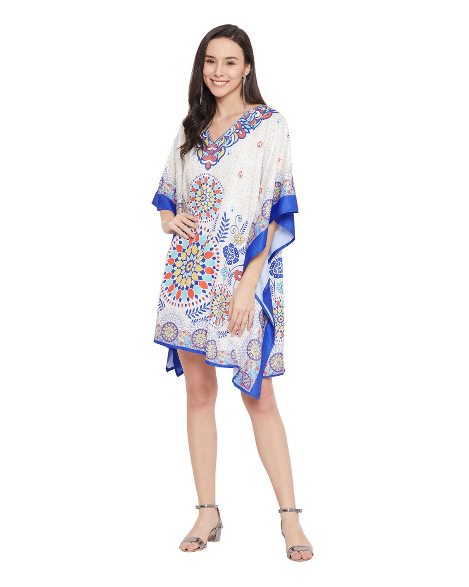 Mandala Print Blue And White Plus Size Polyester Tunic For Women