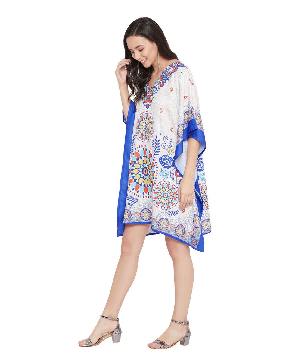 Mandala Print Blue And White Plus Size Polyester Tunic For Women