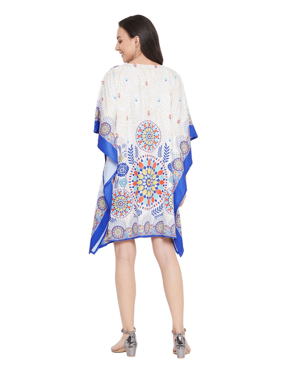 Mandala Print Blue And White Plus Size Polyester Tunic For Women