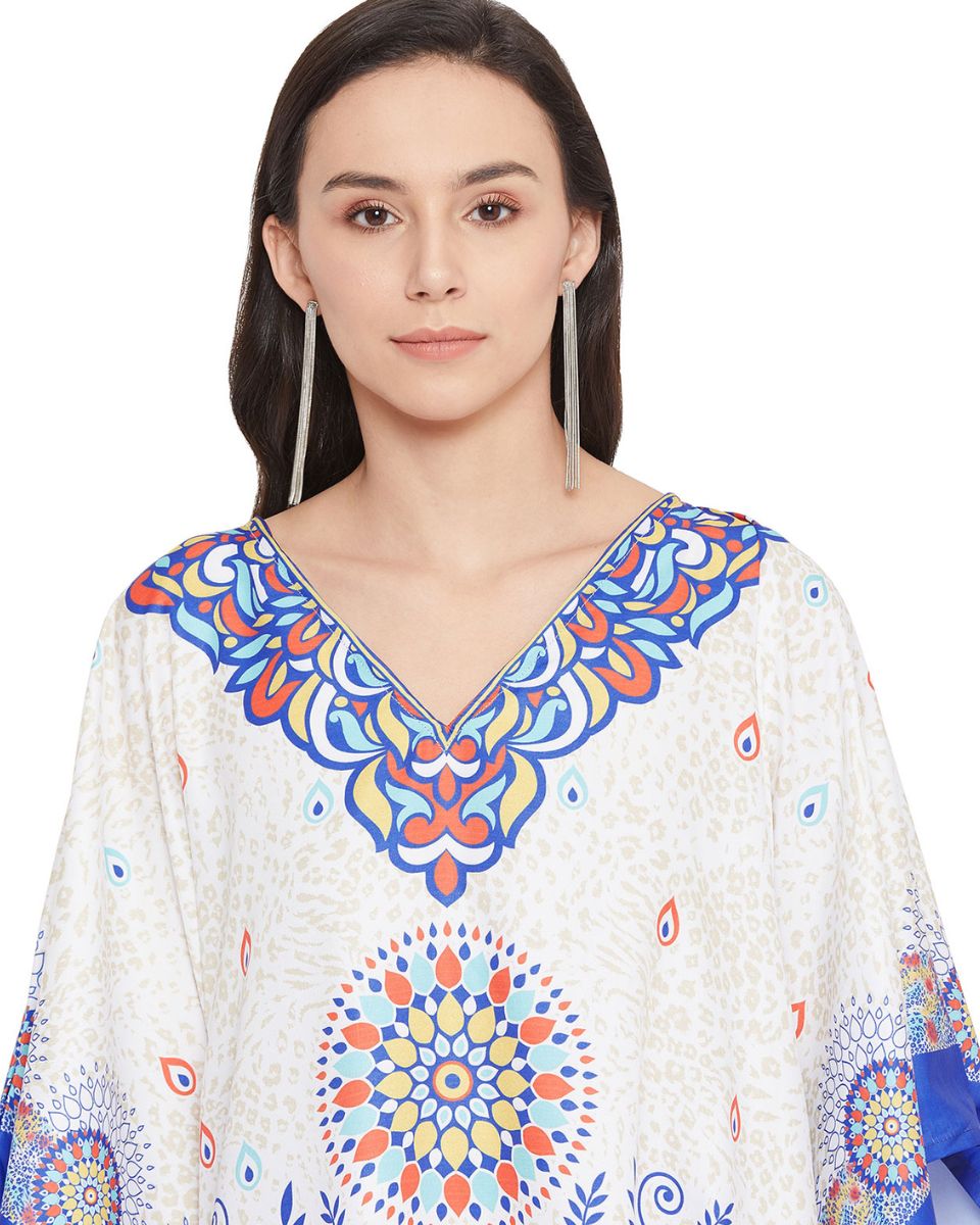 Mandala Print Blue And White Plus Size Polyester Tunic For Women