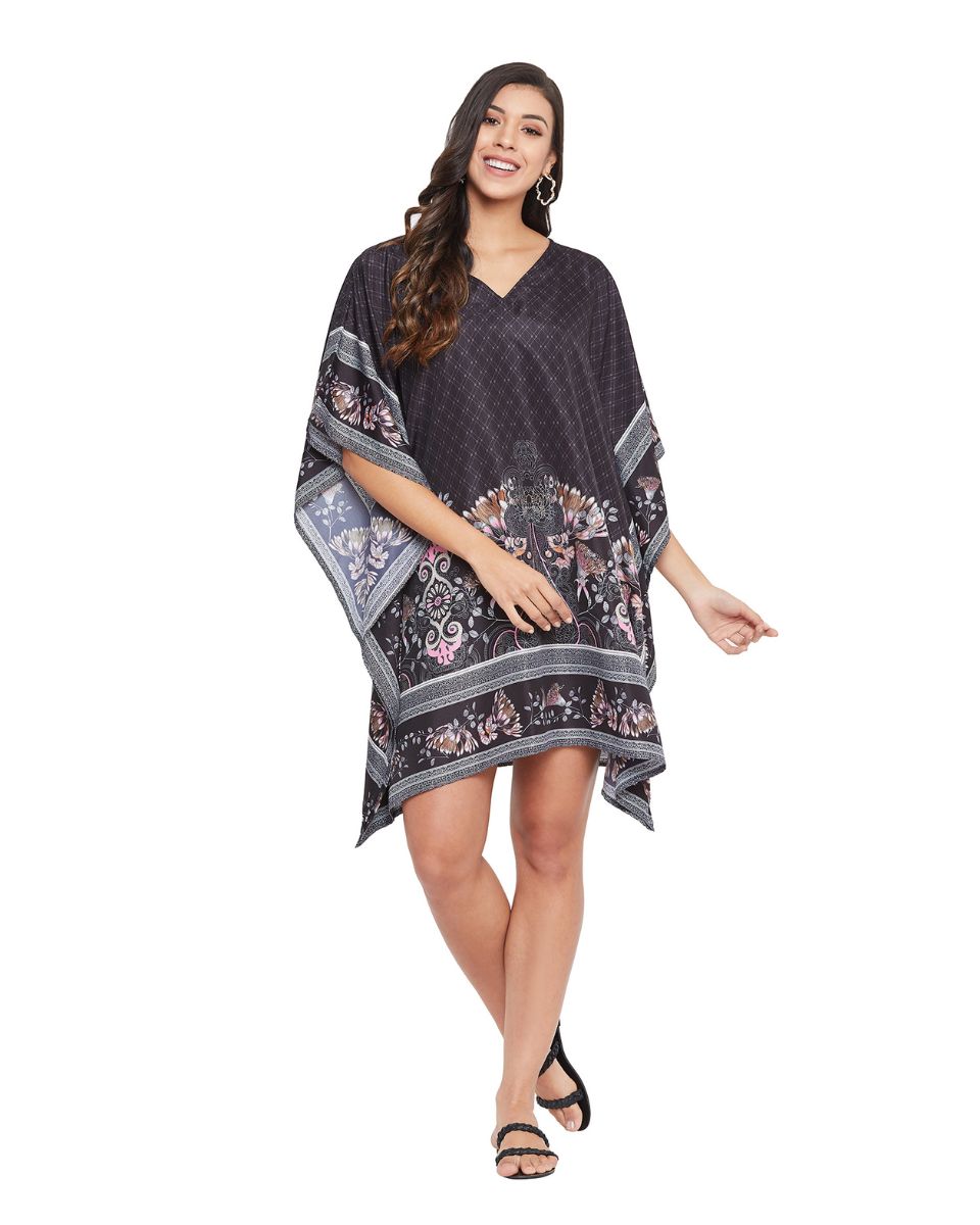 Floral Printed Black Polyester Tunic Top For Plus Size Women