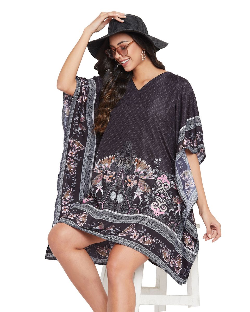 Floral Printed Black Polyester Tunic Top For Plus Size Women