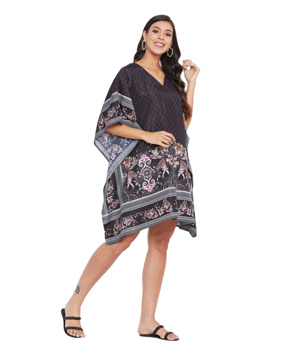 Floral Printed Black Polyester Tunic Top For Plus Size Women