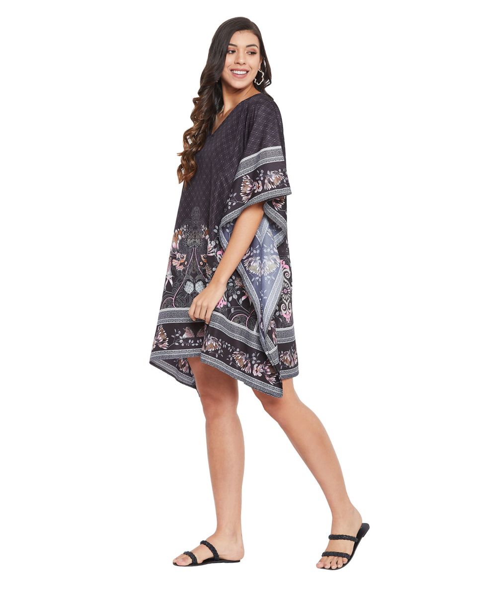 Floral Printed Black Polyester Tunic Top For Plus Size Women