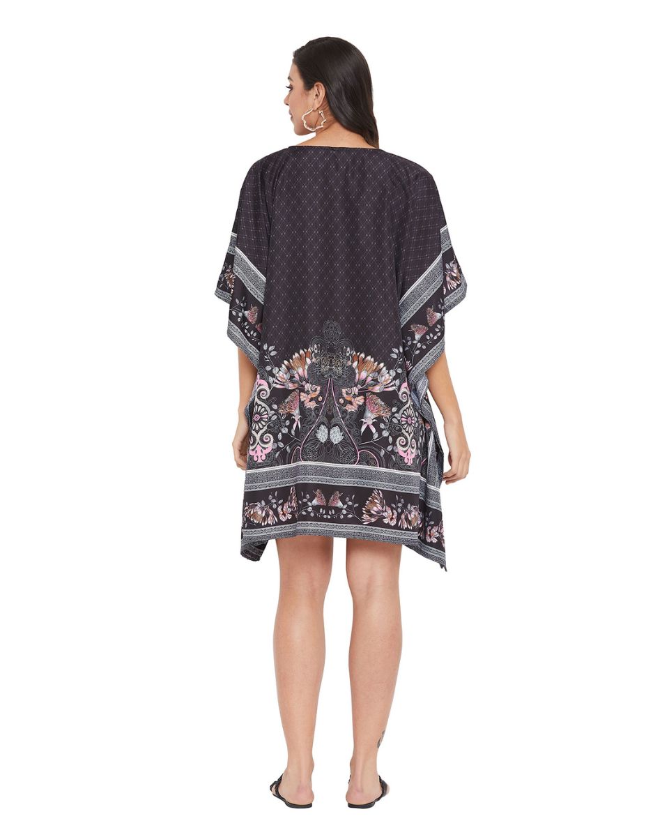 Floral Printed Black Polyester Tunic Top For Plus Size Women