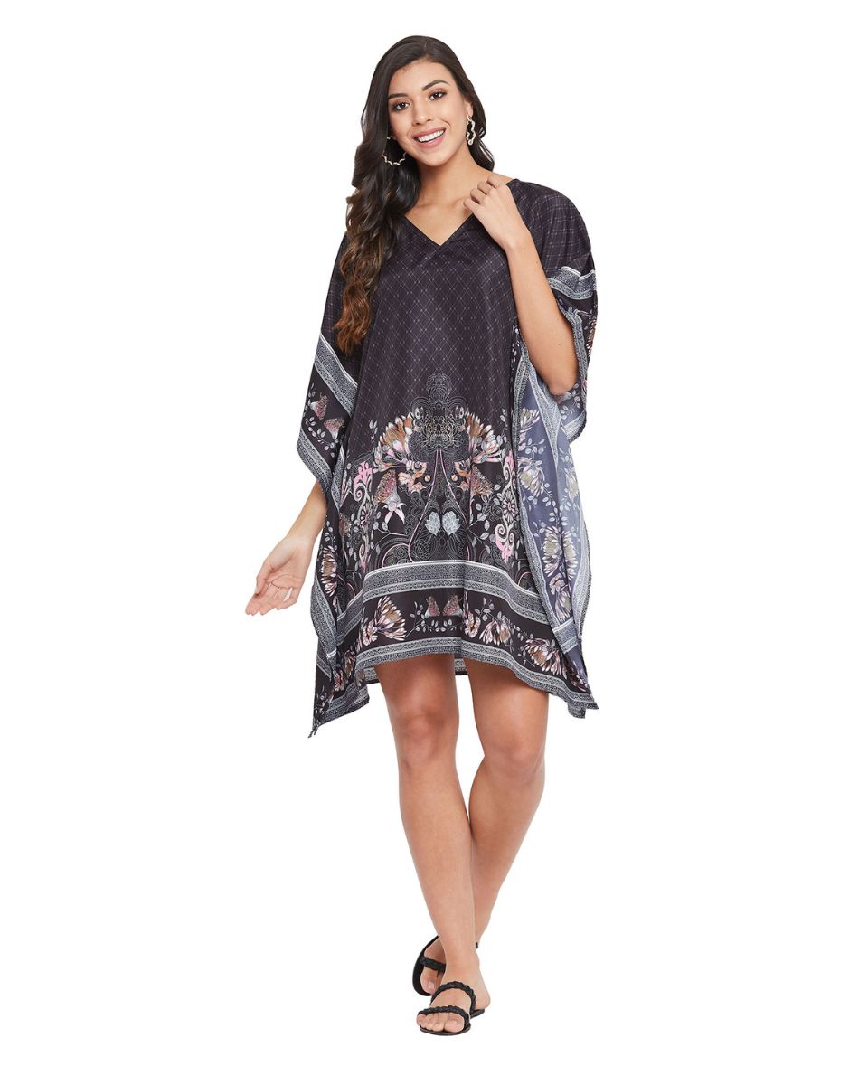 Floral Printed Black Polyester Tunic Top For Plus Size Women